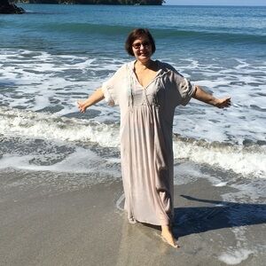 Free People hooded lightweight gauze maxi dress with lace design in silver gray